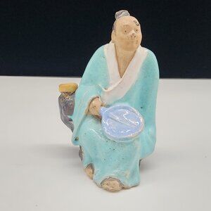 Vintage Chinese Mudman Clay Figure Sitting Man Holding Blue fan Teal 3-3/4"